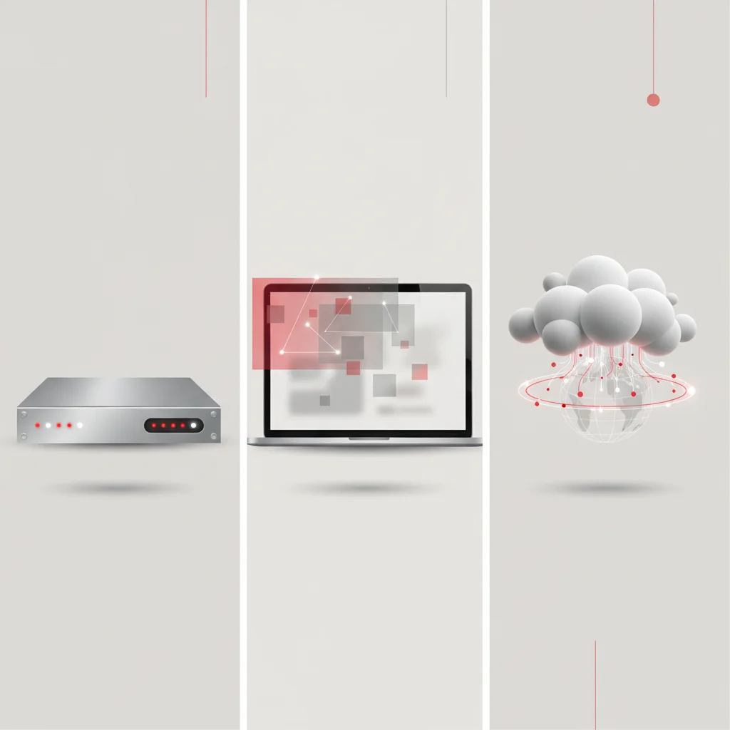 An editorial design contrasting a rack-mounted hardware appliance, an agent running on a laptop screen, and a cloud-based server-less firewall.