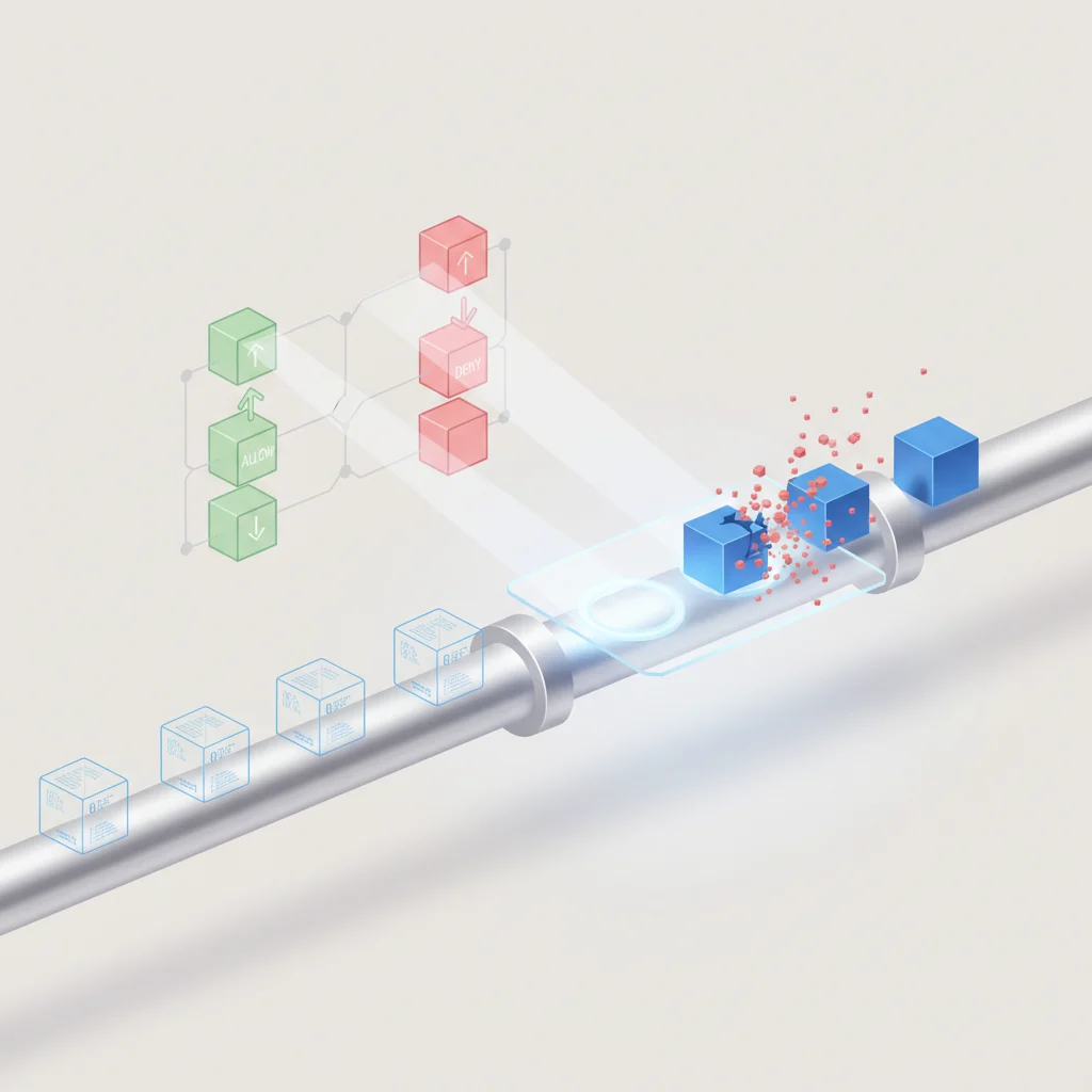 A professional illustration of digital data packets being analyzed against a checklist of security rules at a network gateway.