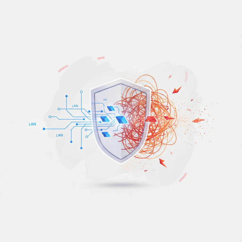 A symbolic editorial illustration depicting a secure digital gateway filtering data packets between a private network and the external web.