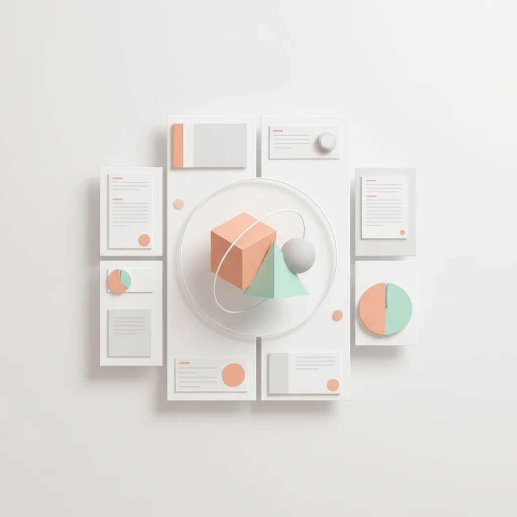 A symbolic geometric layout illustration representing balanced negative space, clear visual focal points, and structured layout proportions.