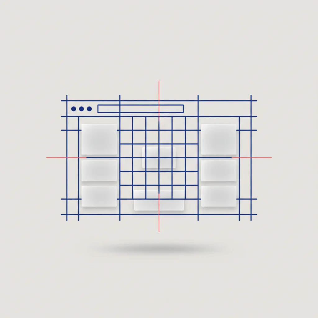 A precise blueprint style illustration showing intersecting horizontal and vertical lines, columns, margins, and gutters forming a perfect web design layout structure.