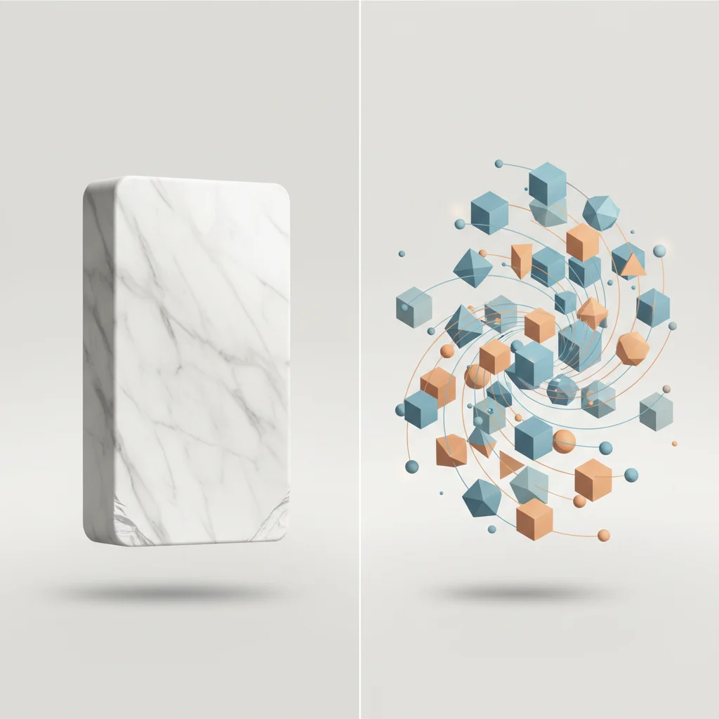 A symbolic split illustration contrasting a massive heavy monolithic block on the left with a flexible network of modular elements on the right