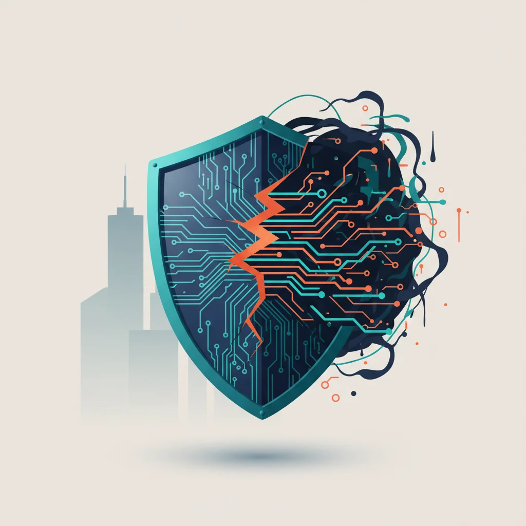 A symbolic illustration of a cracked shield protecting a corporate headquarters with data leaking into a dark digital void