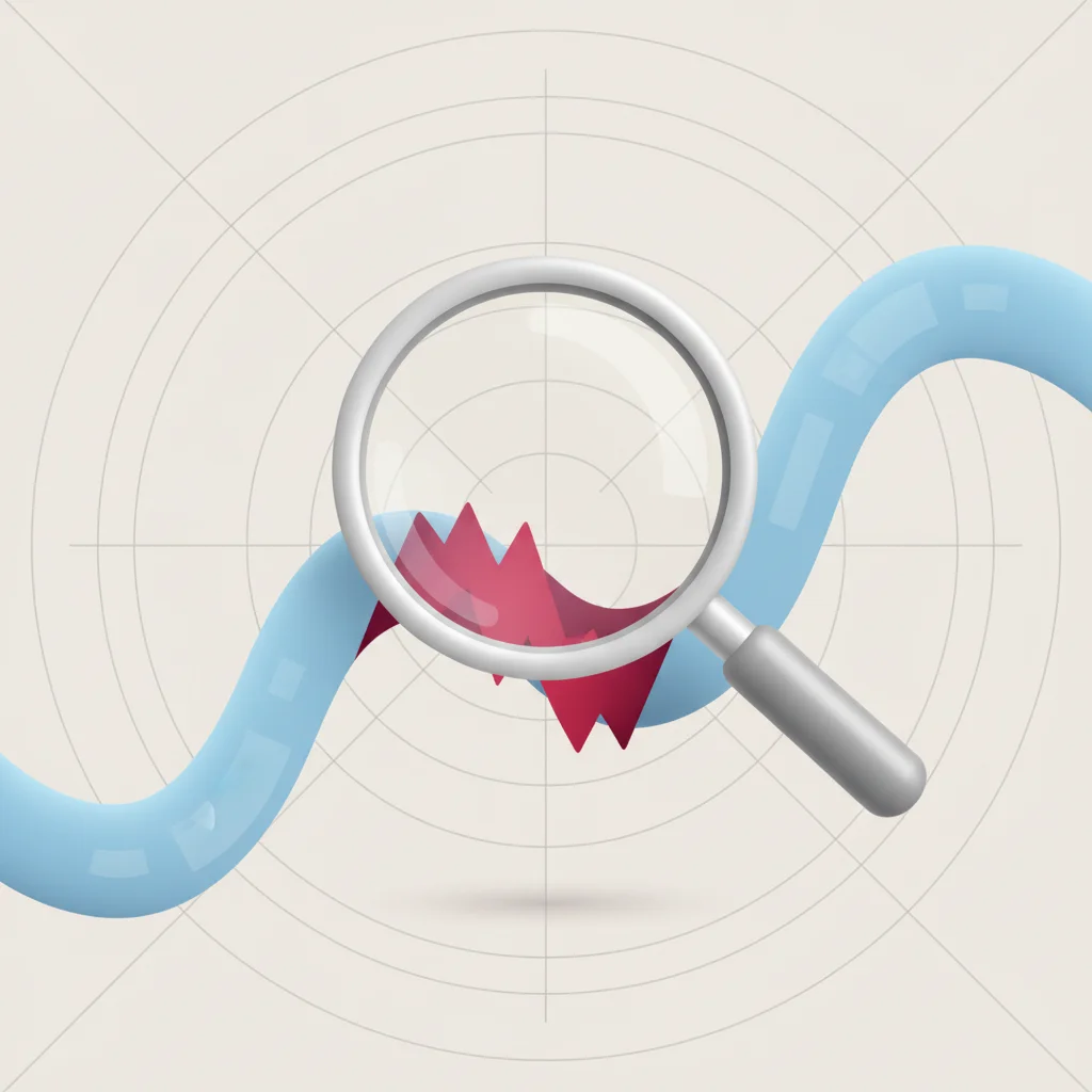 A symbolic technical visualization showing a dashboard checking network packet deviations and alerting on anomalies