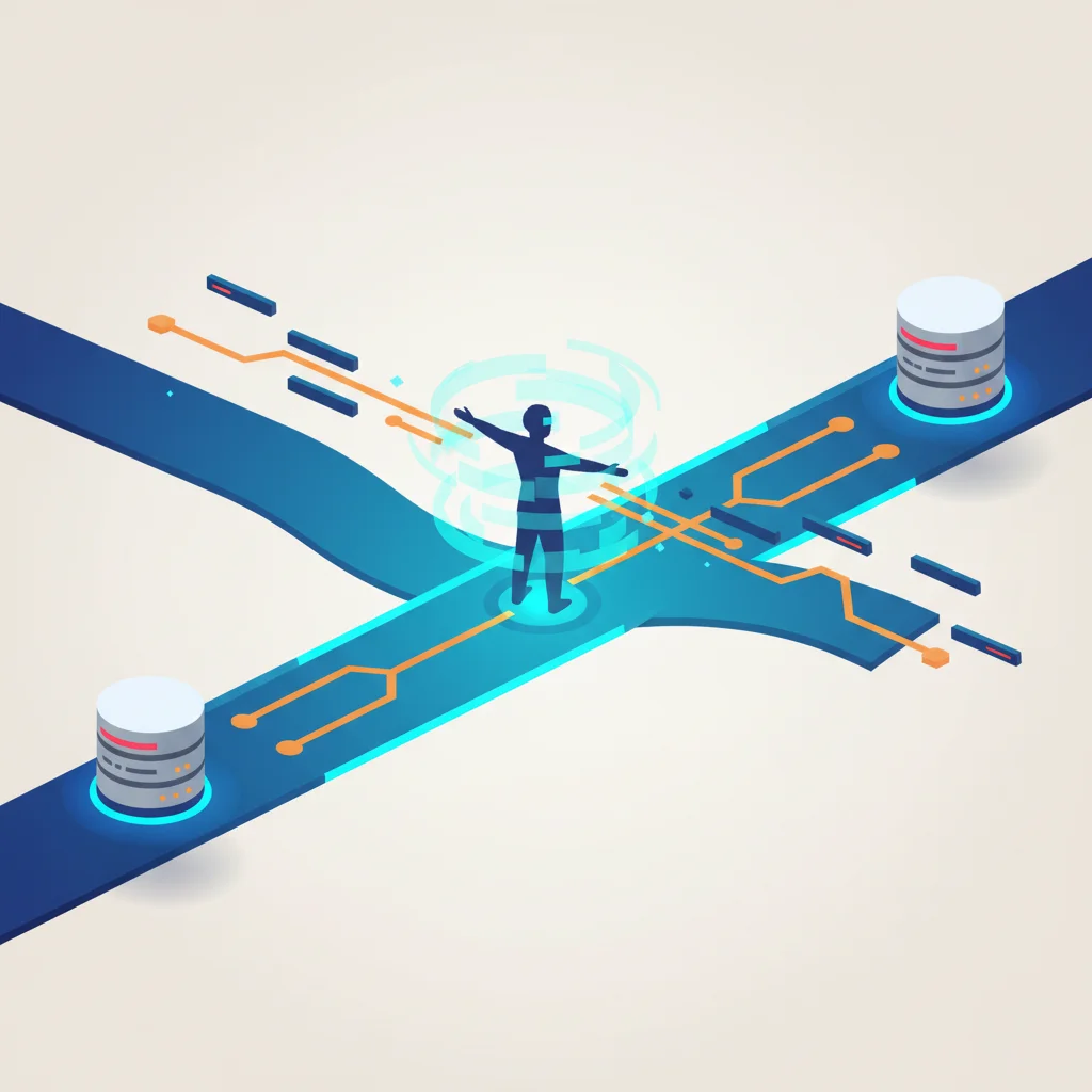 A symbolic cybersecurity illustration showing a compromised network bridge with a shadowed digital entity altering data packets between two secure endpoints