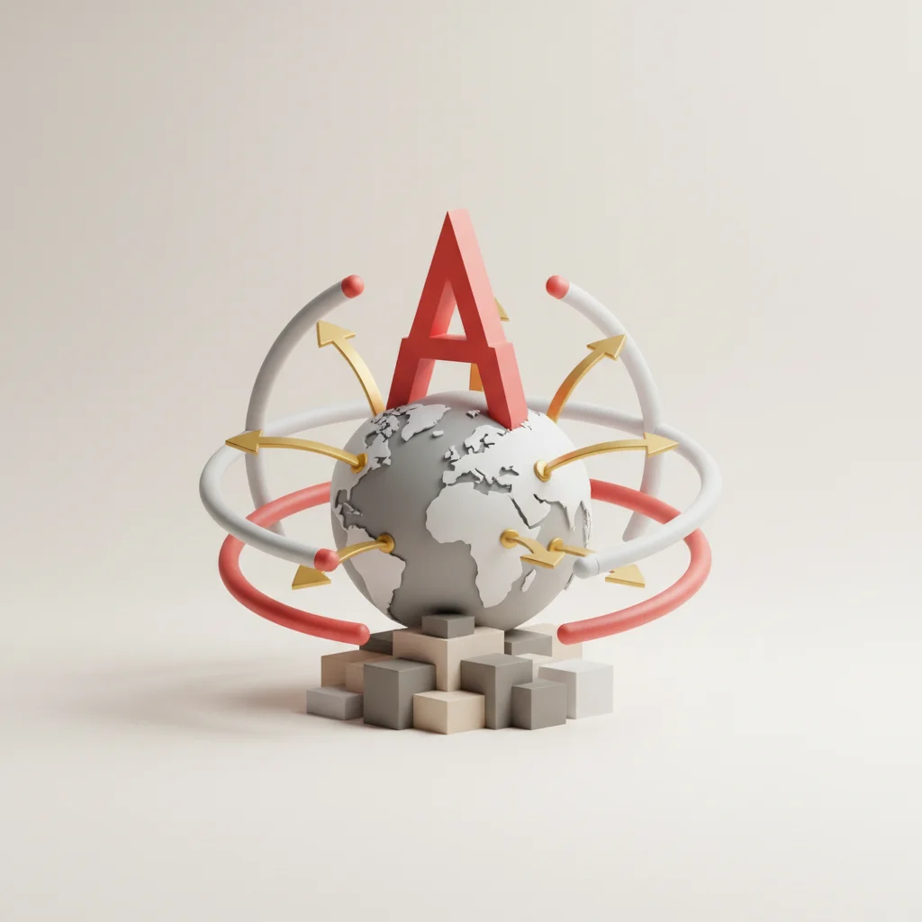 A symbolic editorial illustration showing a central structural hub connecting seamlessly to multiple surrounding nodes representing supporting subtopics