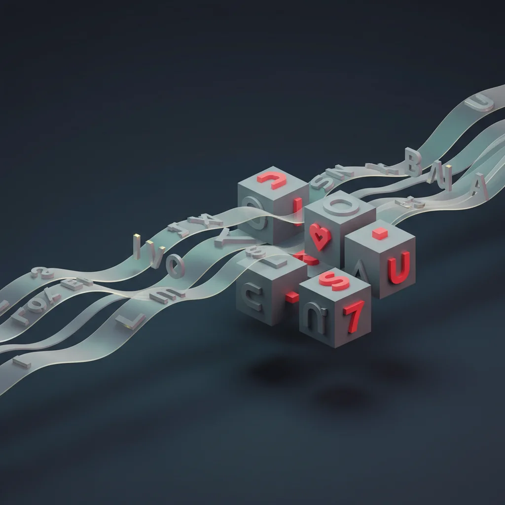Abstract conceptual visualization of text breaking down into glowing modular computational data units