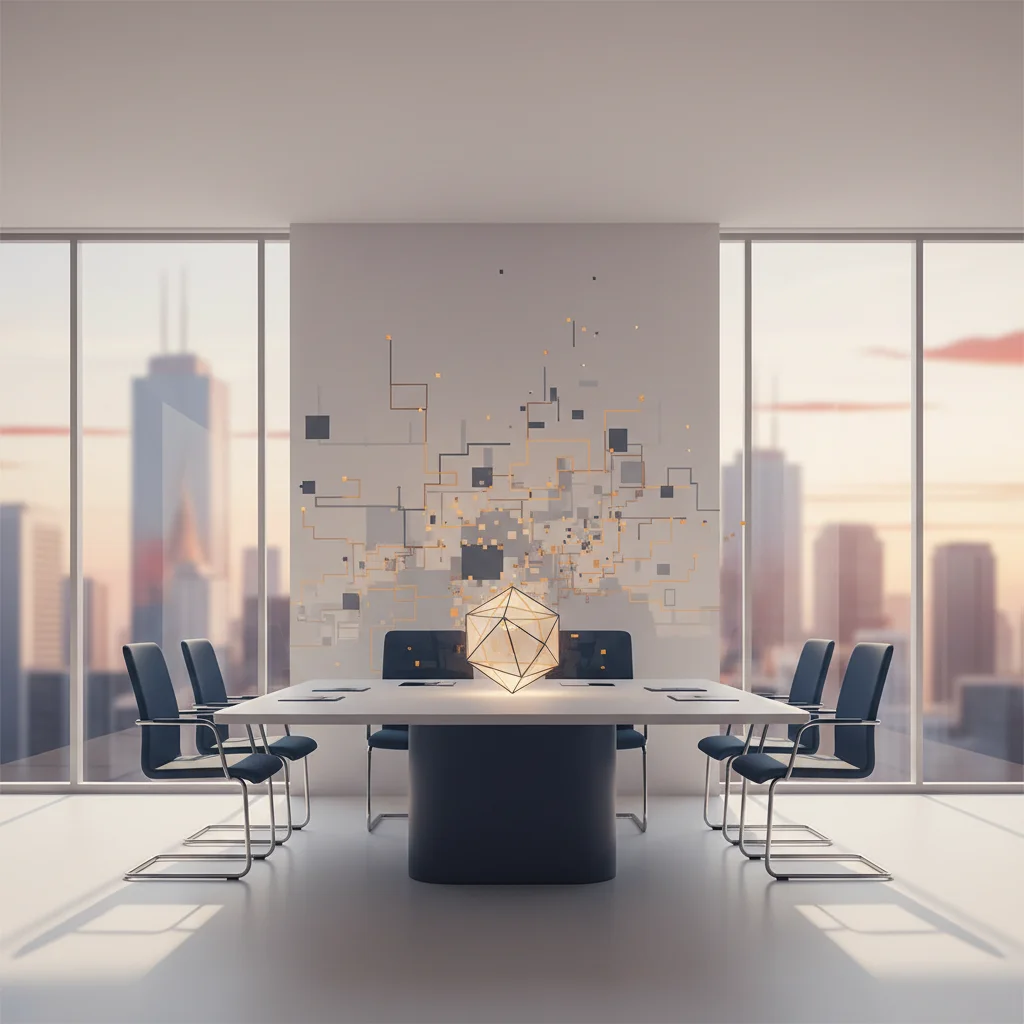 A symbolic editorial illustration of a polished corporate boardroom table casting a cracked, unstable digital shadow in a 16:9 composition