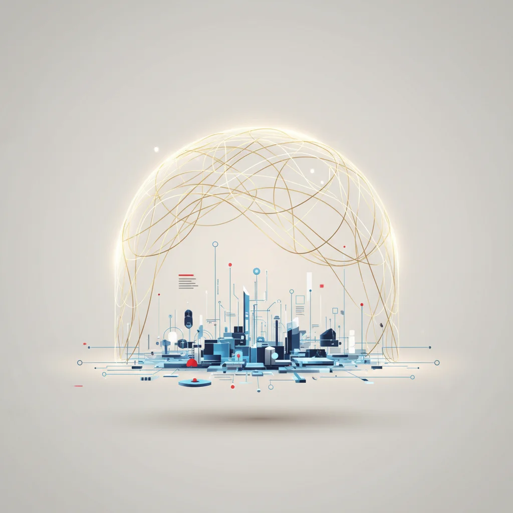 A symbolic editorial illustration showing a highly organized, illuminated golden dome protecting a clean digital grid in a 16:9 layout