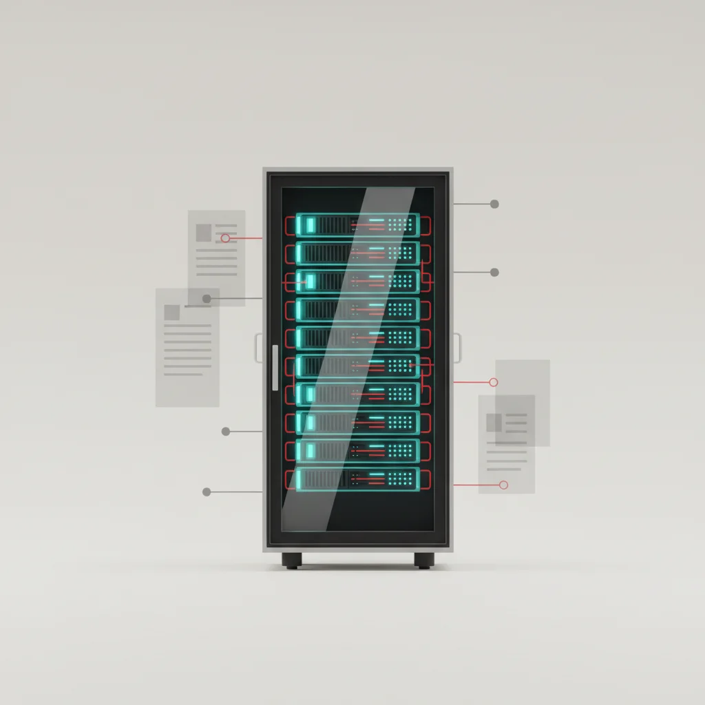 Minimalist editorial illustration showing a secure glass-paneled server rack illuminated by subtle teal and blue light, symbolizing secure digital credentials and network architecture.