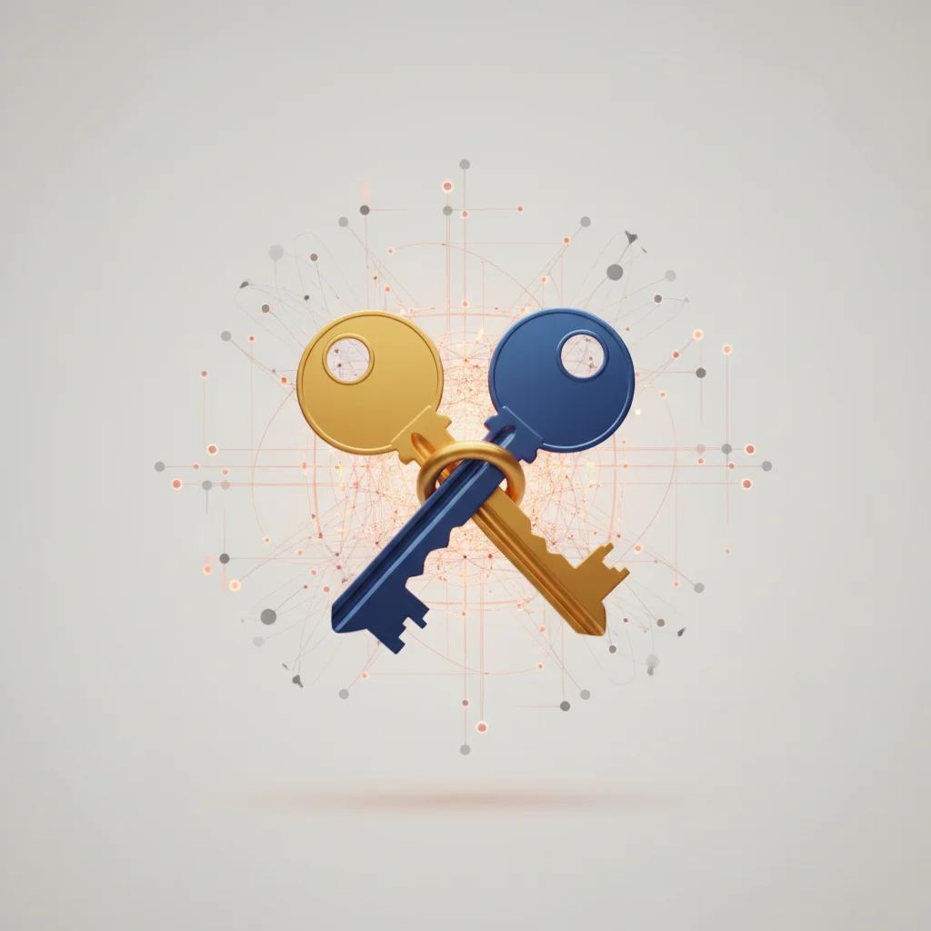 Abstract conceptual illustration of two interlocking keys, one golden and one deep blue, surrounded by a glowing network grid, representing asymmetric cryptography.