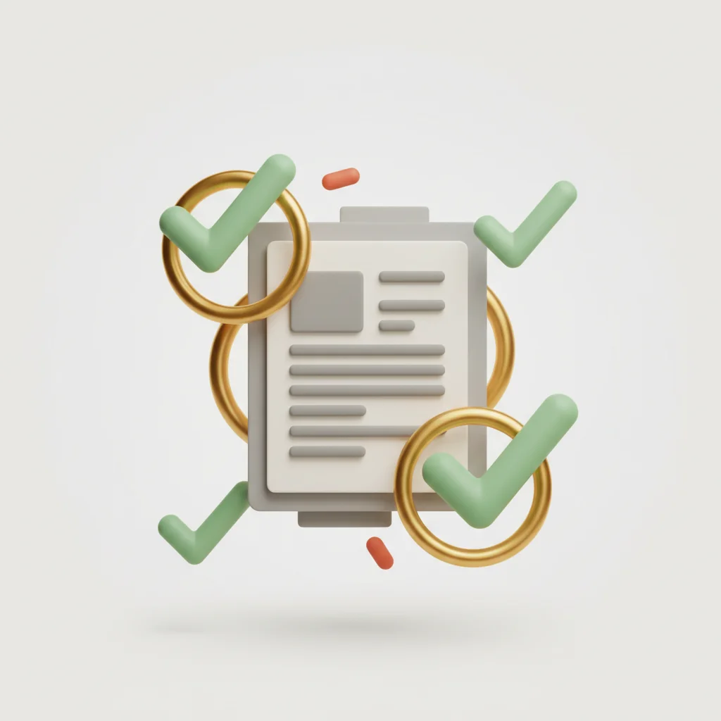 An editorial graphic of a digital document undergoing systematic automated quality assurance checks.