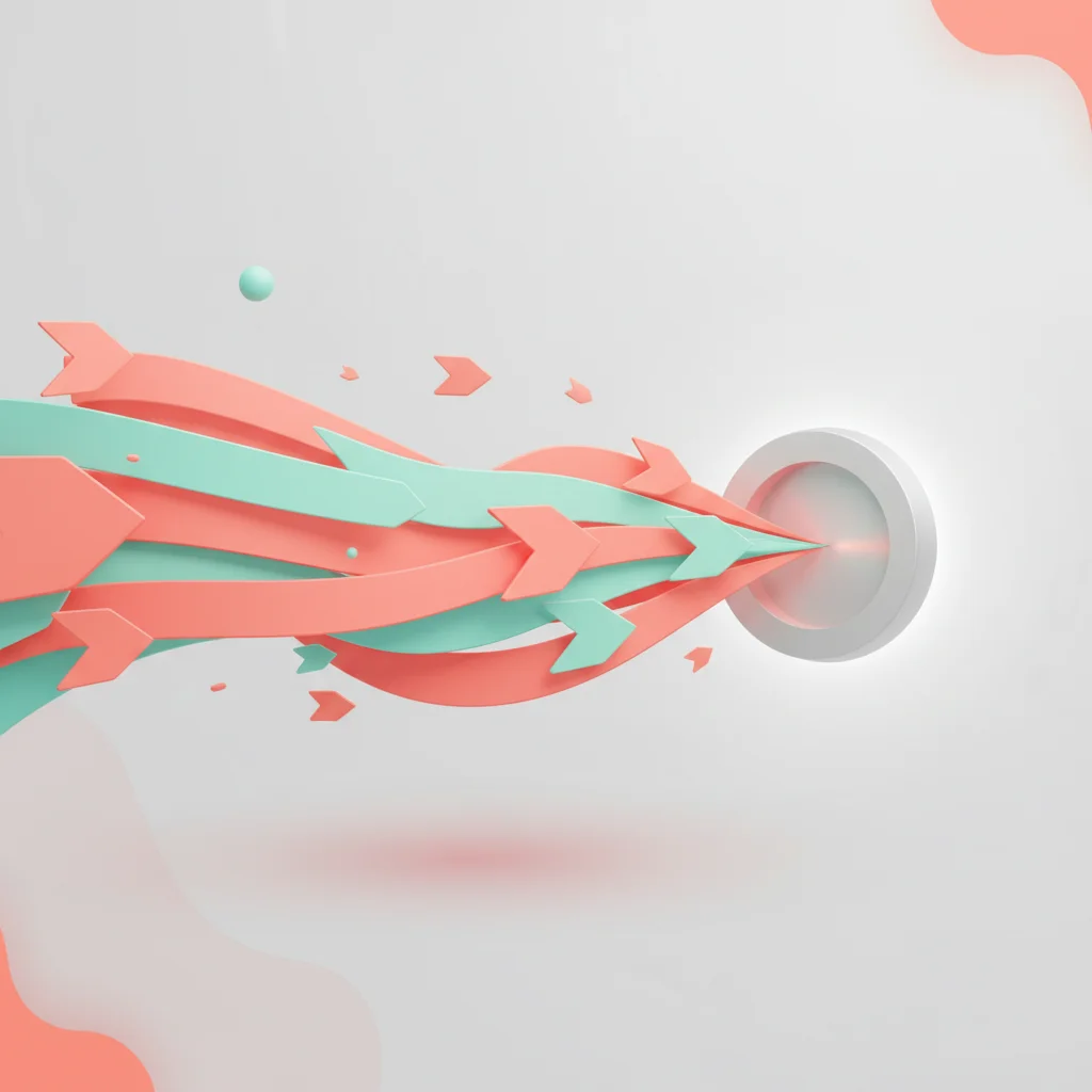 An editorial representation of a fast, clean, user-centric retail purchase interface with abstract symbols of speed and personal retail interaction