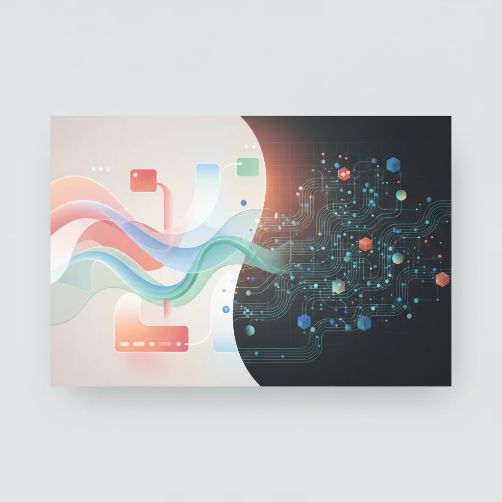 Contrasting conceptual visual showing light UI elements on one side and a dark network of processing paths on the other