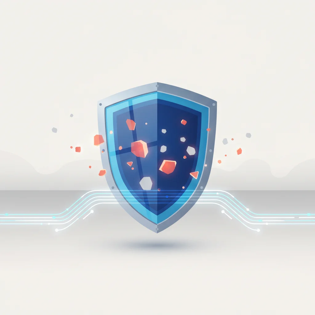 A symbolic editorial design showing a multi-layered shield capturing and filtering erratic data particles, representing software bug protection.