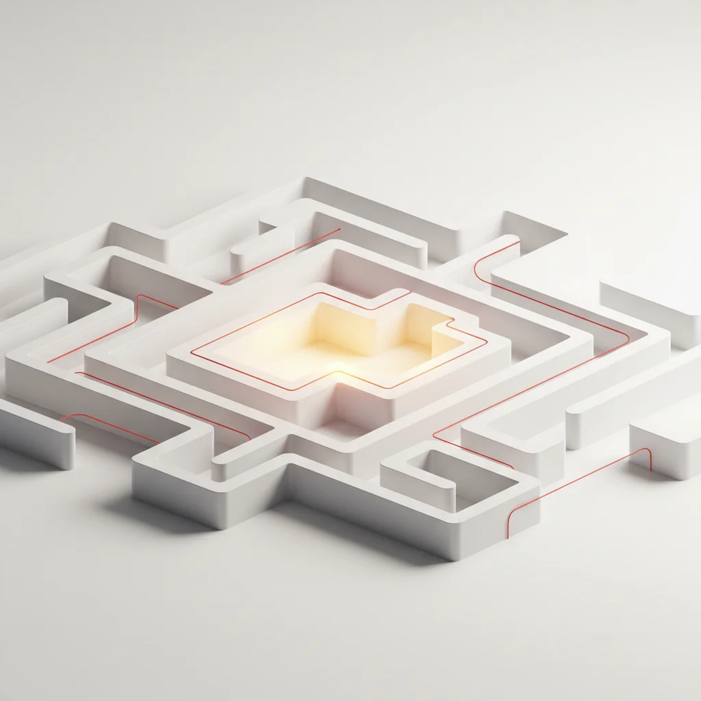 A complex labyrinth with clean, structured architectural corridors illuminated by warm light, symbolizing organized data pathways