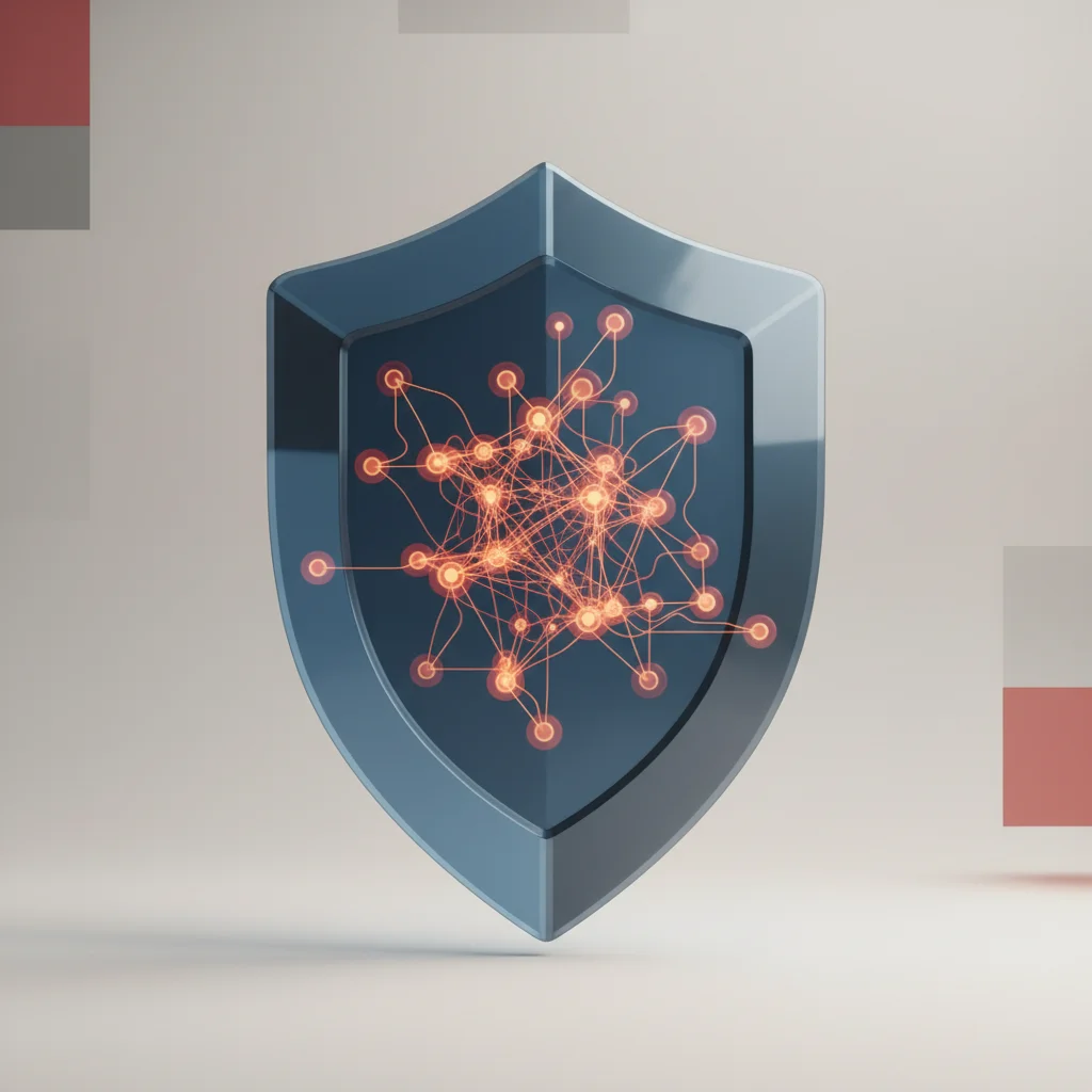 A symbolic editorial illustration depicting digital data networks shielded by a stylized insurance contract structure