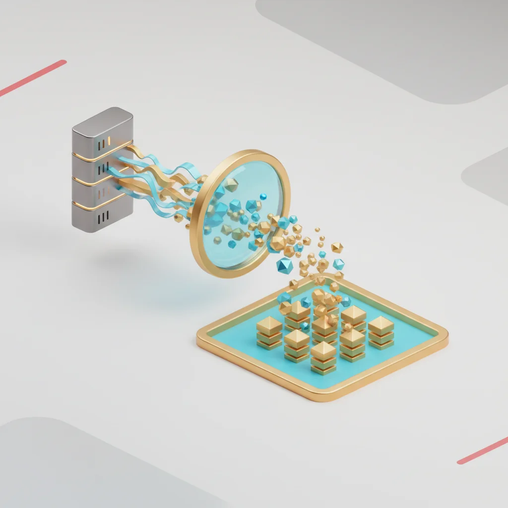 A symbolic editorial representation of data requests traveling through networks, parsing HTML tags, and landing in cloud databases.