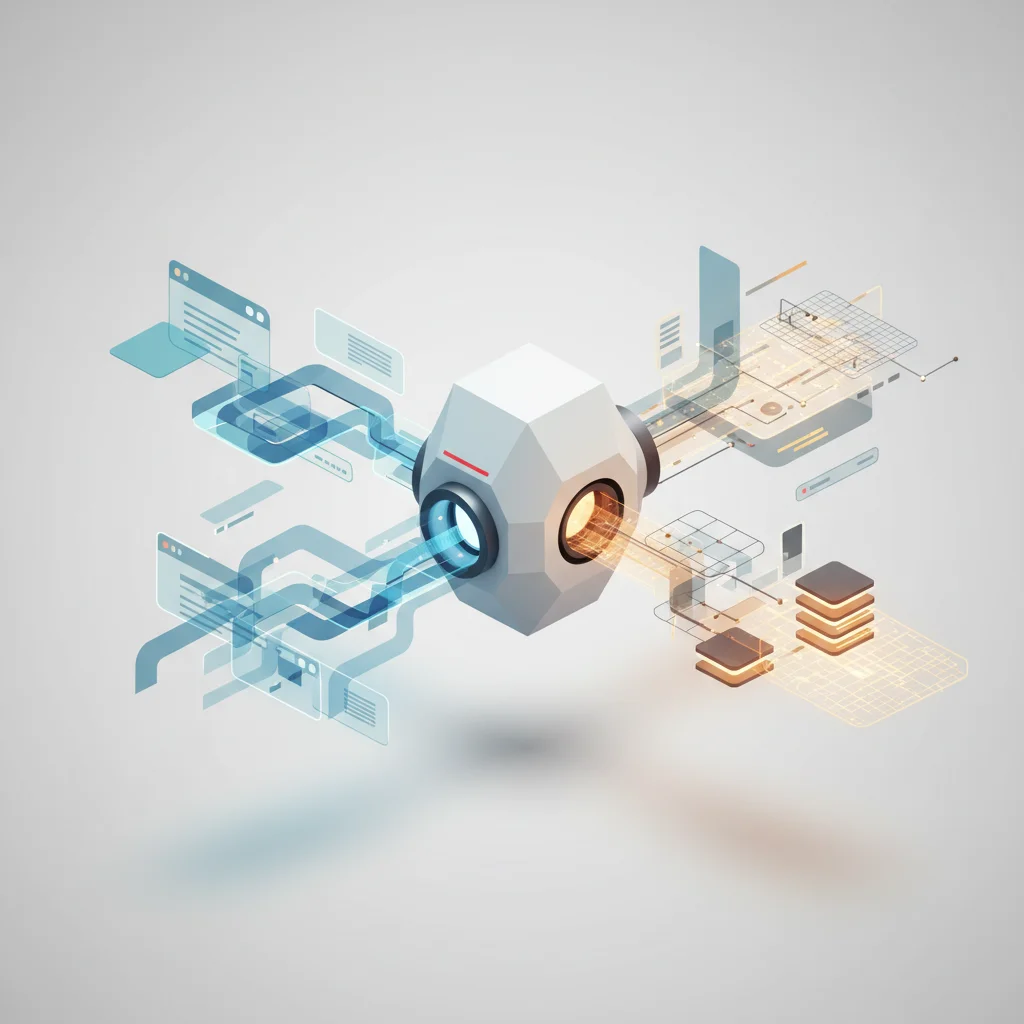 A symbolic editorial illustration depicting web data structures streaming into a central processing hub, converting chaotic nodes into neat, glowing databases.