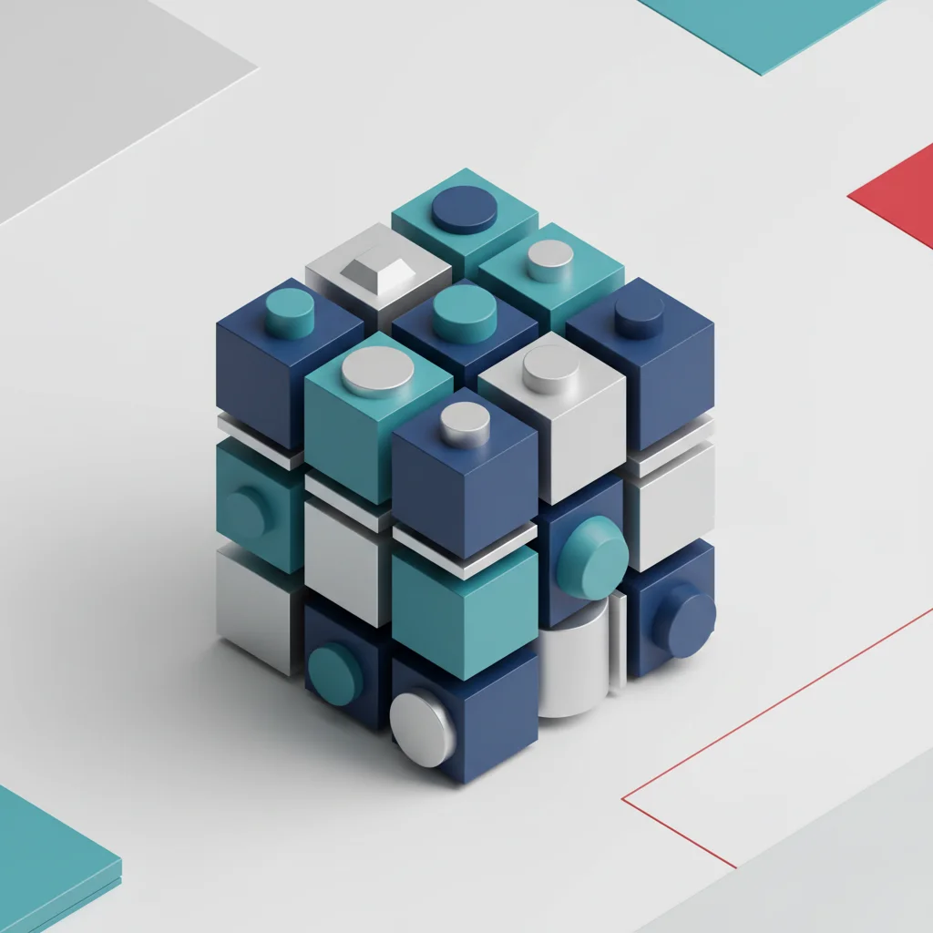 A symbolic editorial illustration showing a modular matrix of neatly arranged geometric blocks representing data structures.