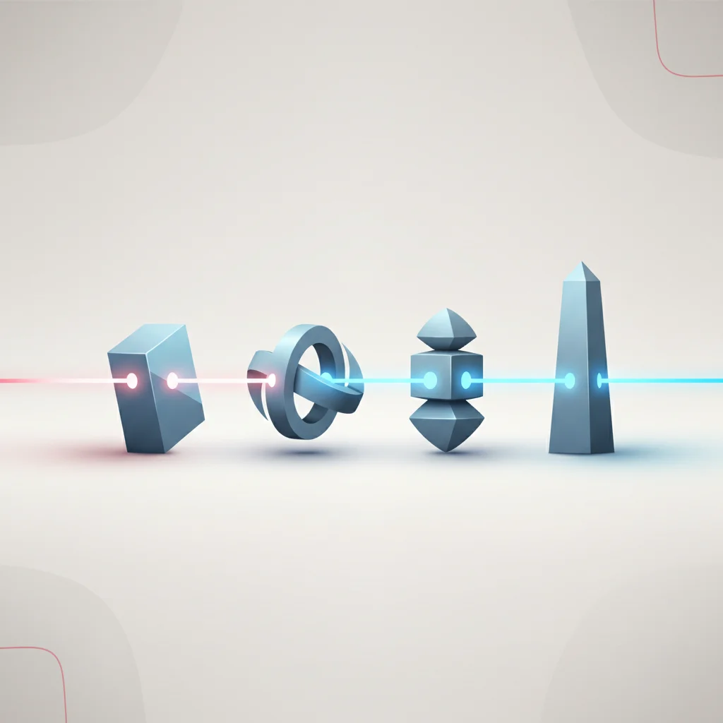 A symbolic editorial illustration depicting sequential light pathways flowing through four distinct operational nodes in a network structure.