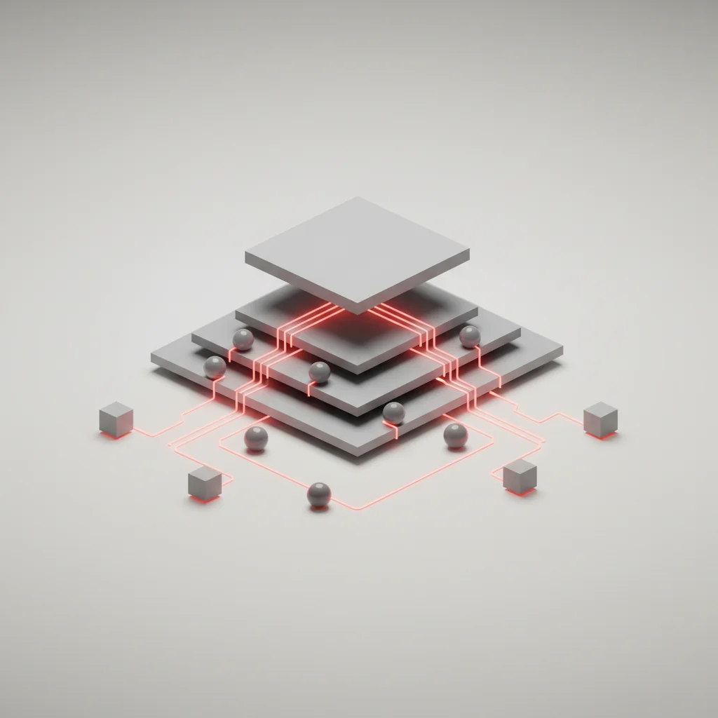 A symbolic editorial illustration showing a structured hierarchical system with descending data pathways representing the layers of DNS.