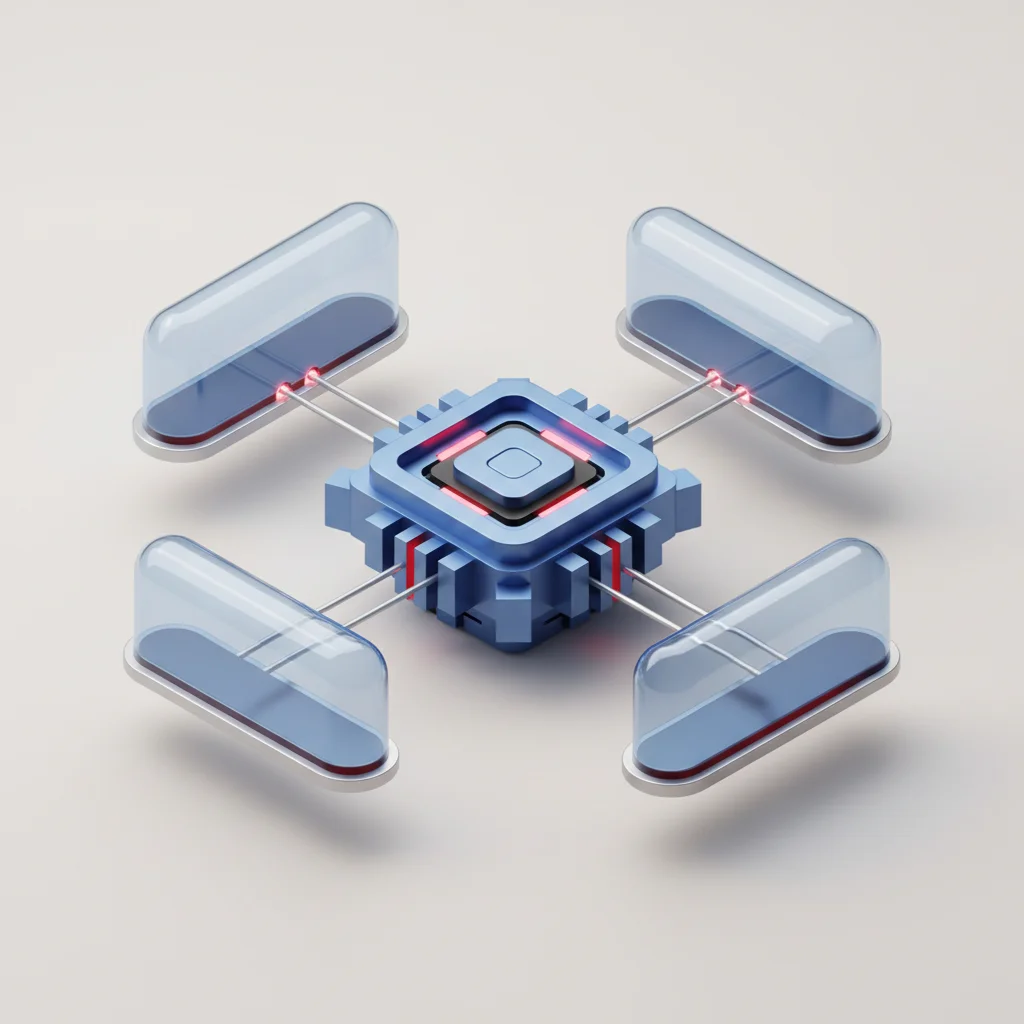 A sleek editorial illustration of a central core kernel branching out to secure, isolated execution pathways