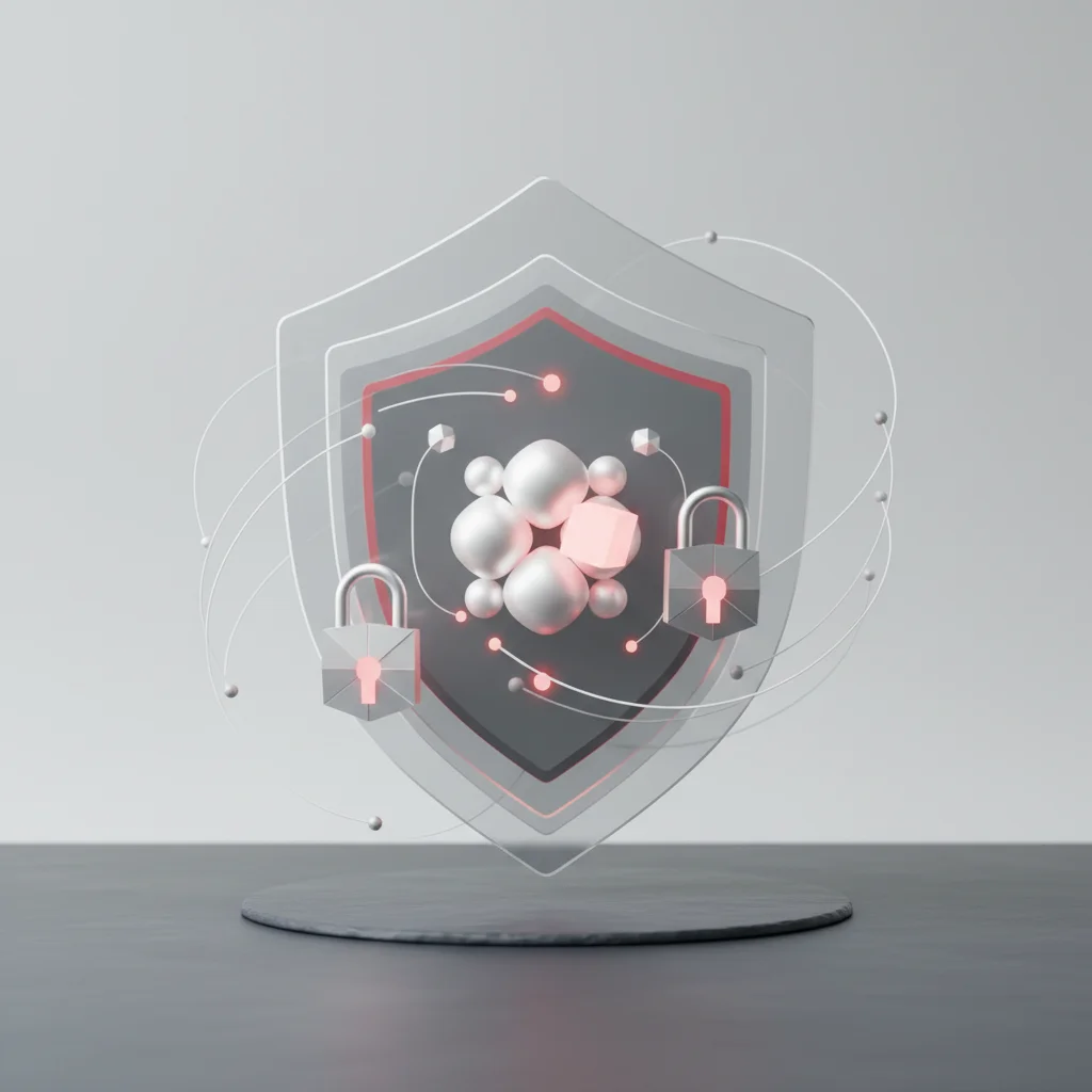 A professional editorial illustration of a secure technological framework with multiple protected and scanned process nodes