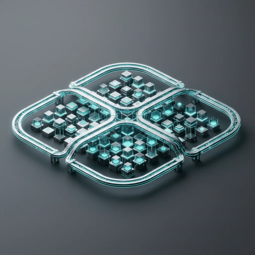An editorial illustration of single container units integrating into a larger automated coordinating system
