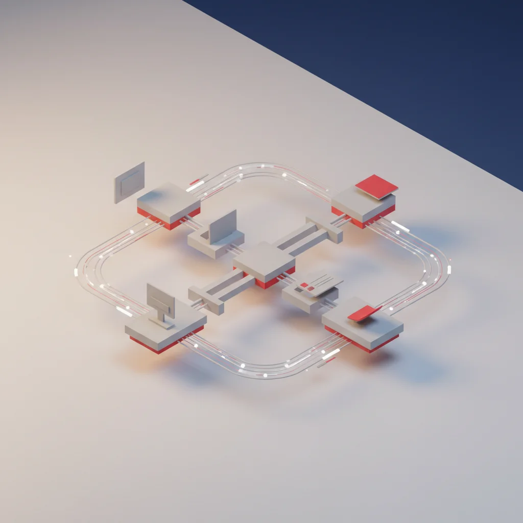 An editorial illustration of balanced, highly organized enterprise resources flowing seamlessly across diverse digital landscapes