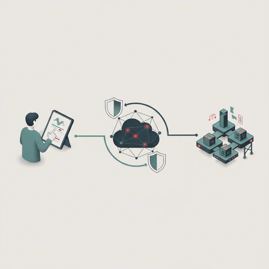 A professional symbolic illustration of data transmission and transactional flow between a consumer, a merchant interface, and a supplier