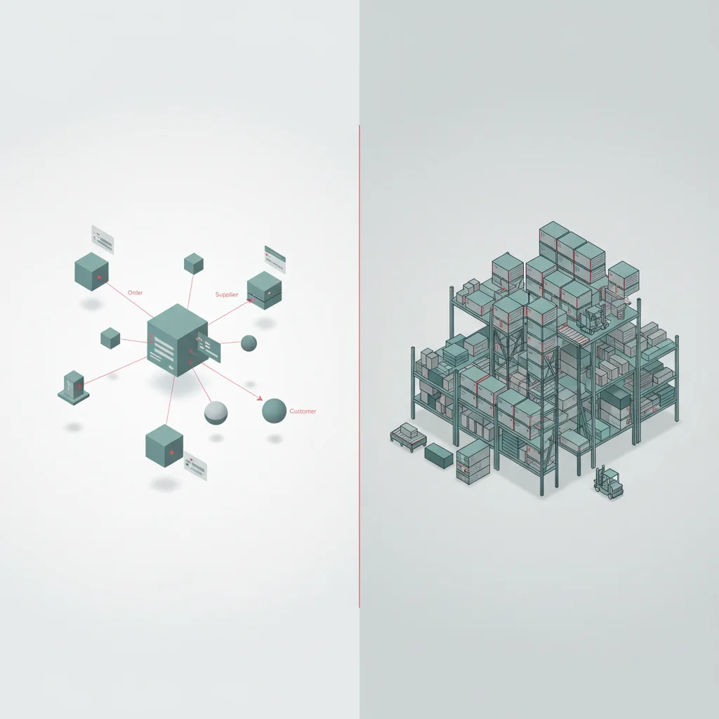 A professional illustration showing side-by-side comparison of a decentralized cloud network flow versus a traditional warehouse racking system
