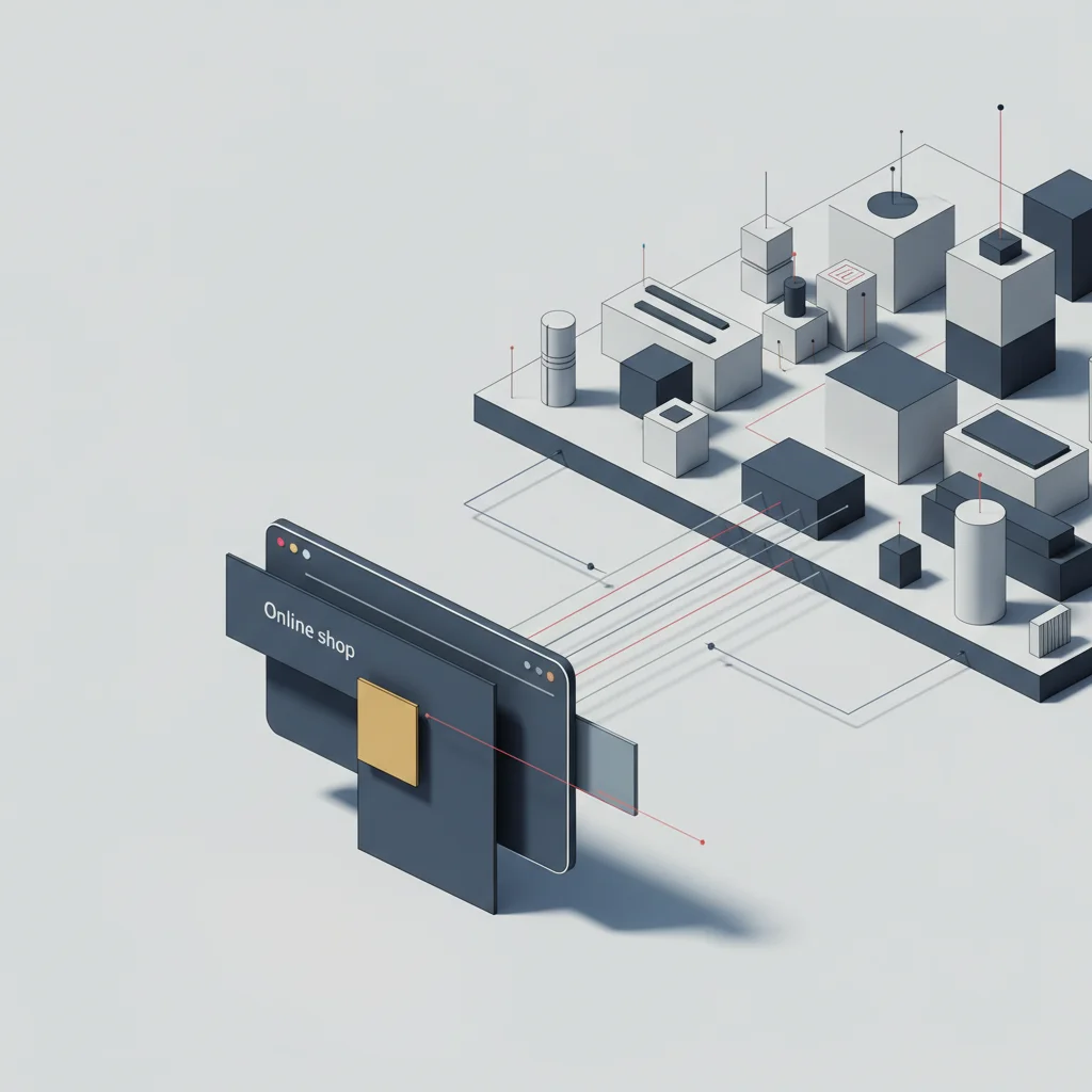 A professional symbolic illustration of a digital storefront connecting to an external distribution network