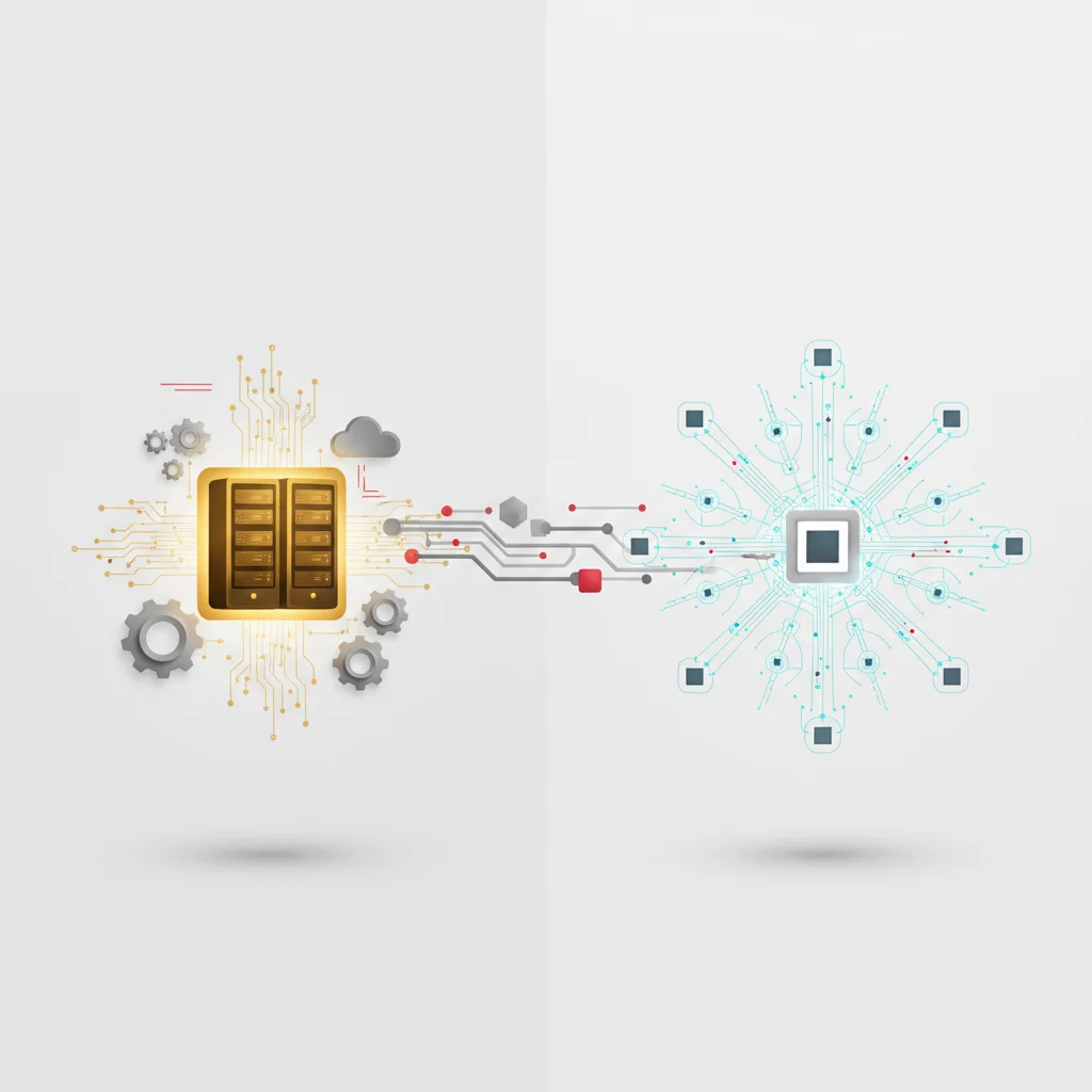 A professional diagram visually showing a secure deep centralized database connecting with fast outer edge nodes on a clean network grid.