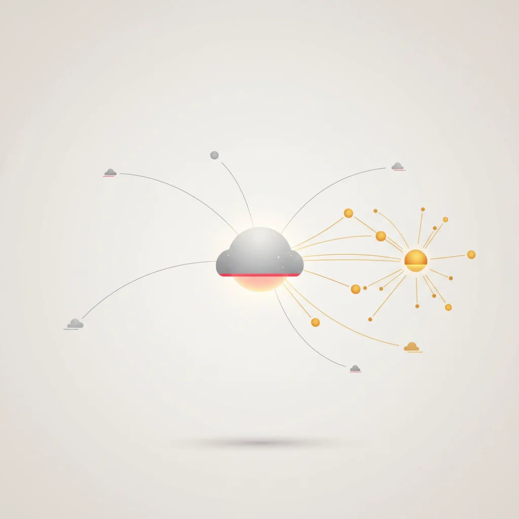 A symbolic editorial illustration showcasing a decentralized mesh network of interconnected, glowing nodes globally distributed, contrasting a single distant cloud hub with rapid localized connection points on a dark corporate blue background, 16:9 ratio.