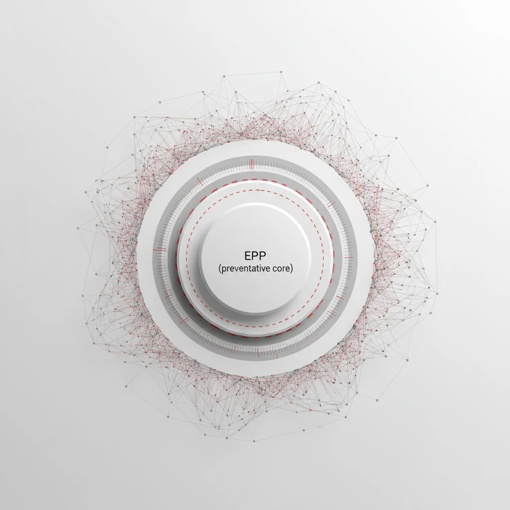 An abstract technical illustration showing the layered evolution of endpoint protection platforms to extended detection networks