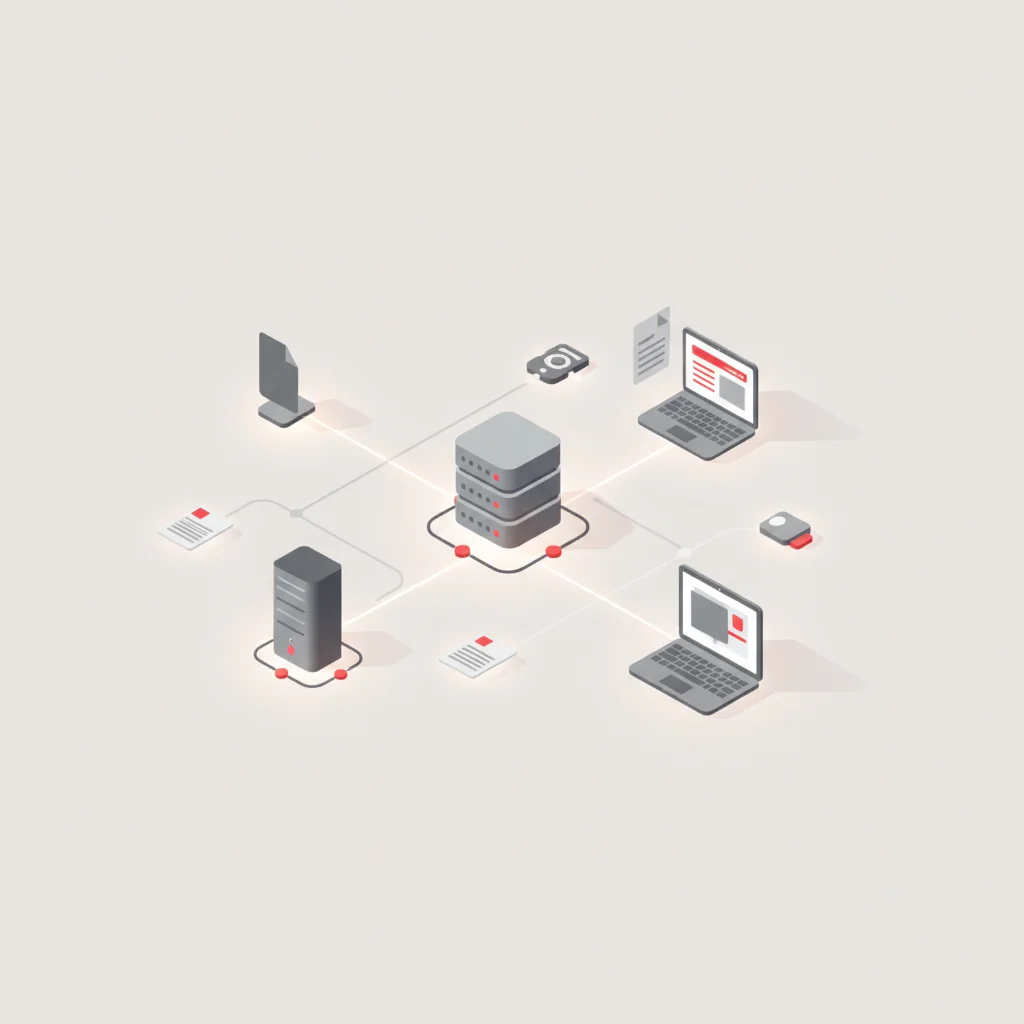 A symbolic technical illustration of various endpoint categories connected to a central monitoring node