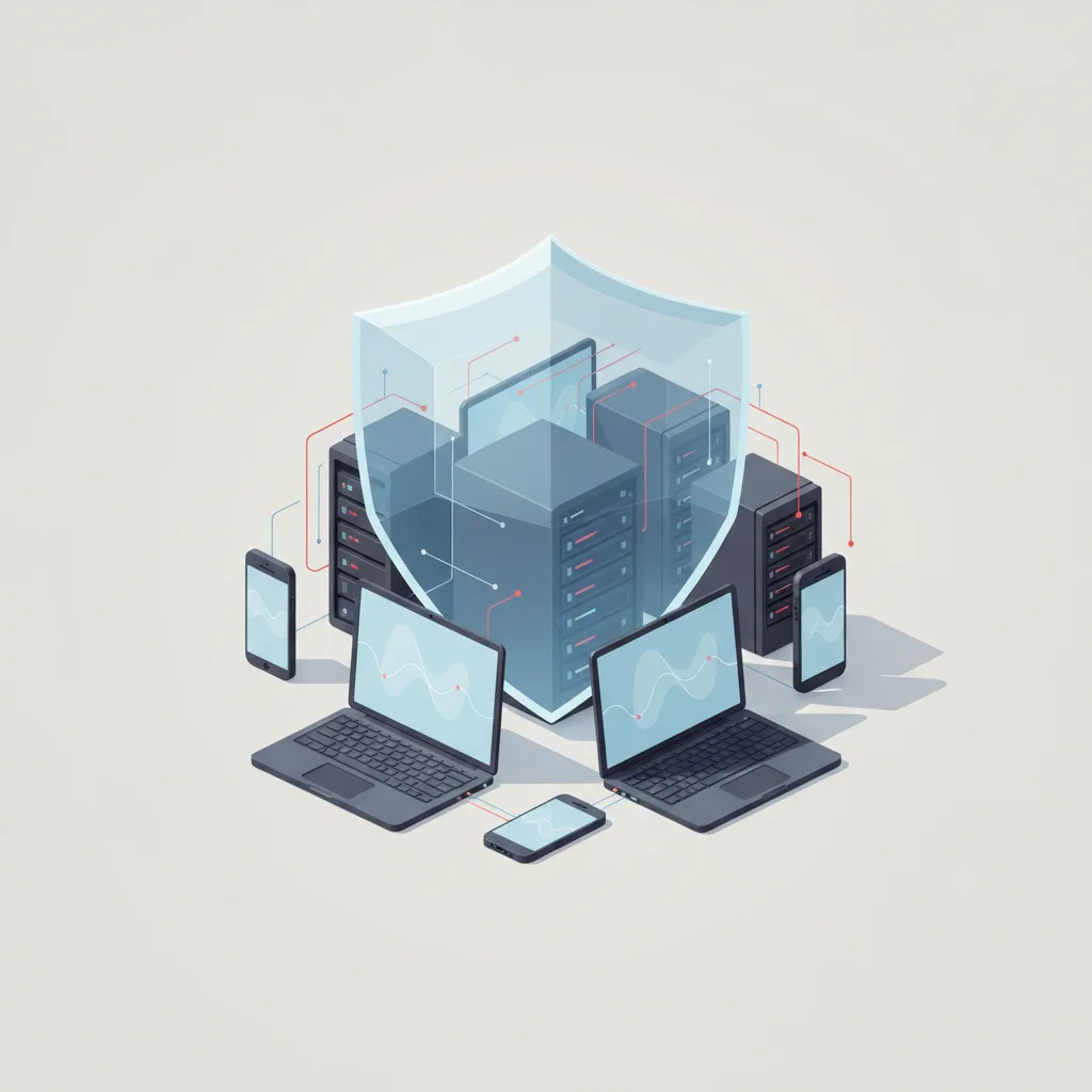 An abstract editorial illustration showing digital shields protecting multiple connected corporate devices from incoming data threats