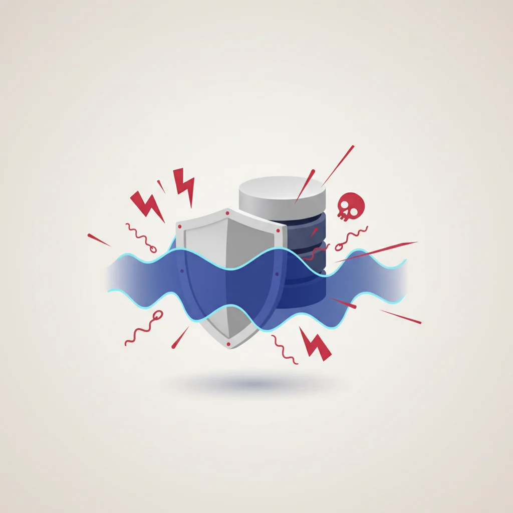 An artistic representation of a firewall shield, broken connection plugs, and financial cost graphs