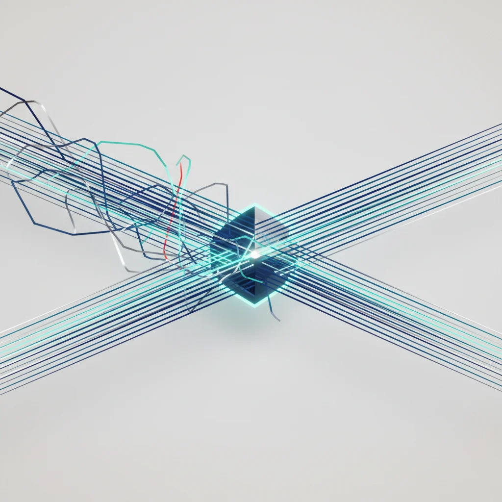 An abstract editorial graphic showing messy, disjointed gears aligning into a sleek, streamlined digital cogwheel system with metrics rising