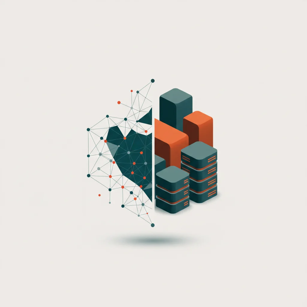 Symmetric abstract illustration comparing a visible glowing crystalline structure representing the frontend with a solid dark architectural foundation representing the backend