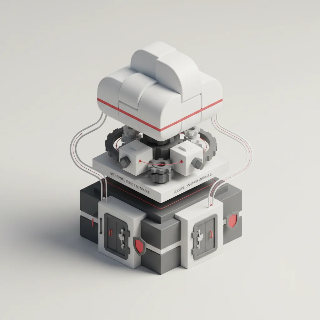 A symbolic editorial illustration of structured layers representing API management, data mapping, and hybrid cloud integration