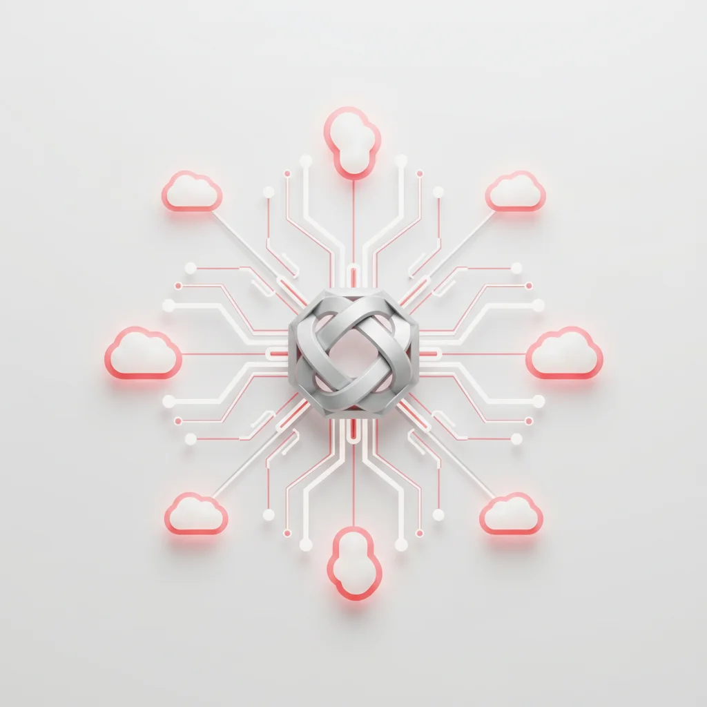 A symbolic editorial illustration representing cloud integration pathways and connected digital workflows