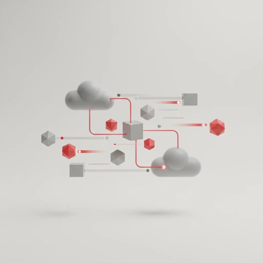 A symbolic editorial illustration of distributed container orchestration and cloud computing systems