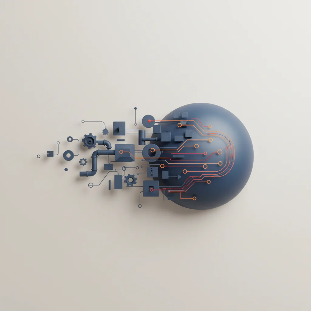 Symbolic editorial illustration depicting a technical module morphing into a clean visual canvas