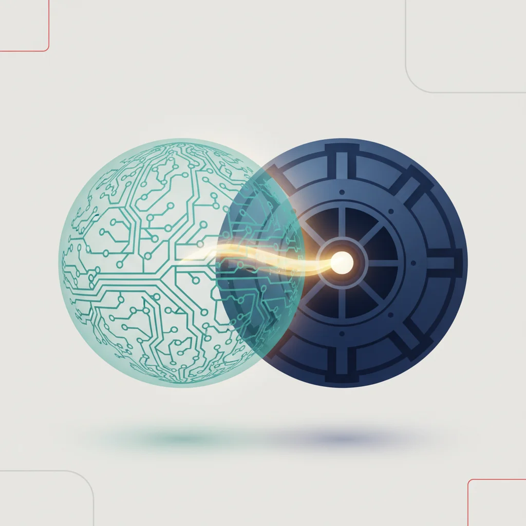 A symbolic editorial design showing two distinct, interlocking semi-circles representing marketing and sales databases merging.