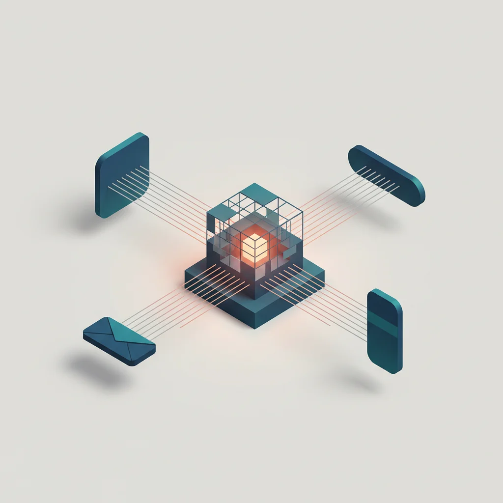 A professional editorial illustration of a unified, geometric data flow converging from multiple marketing channels into a central programmatic processing hub.