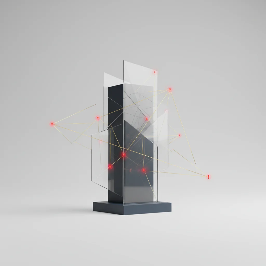 An editorial illustration symbolizing algorithmic warnings, fragile structures, or boundaries in digital search ecosystems