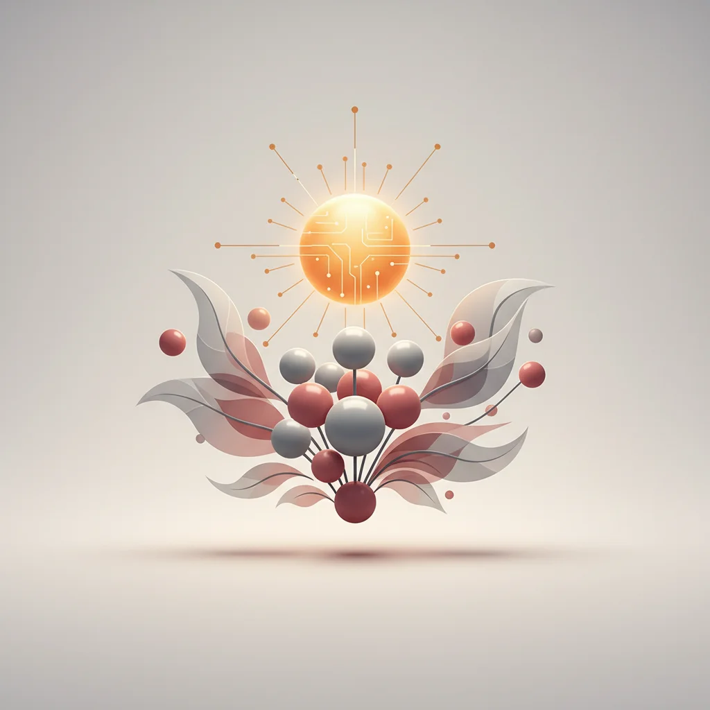 An abstract digital artwork showing a growing geometric graph with ascending nodes representing organic traffic and corporate visibility