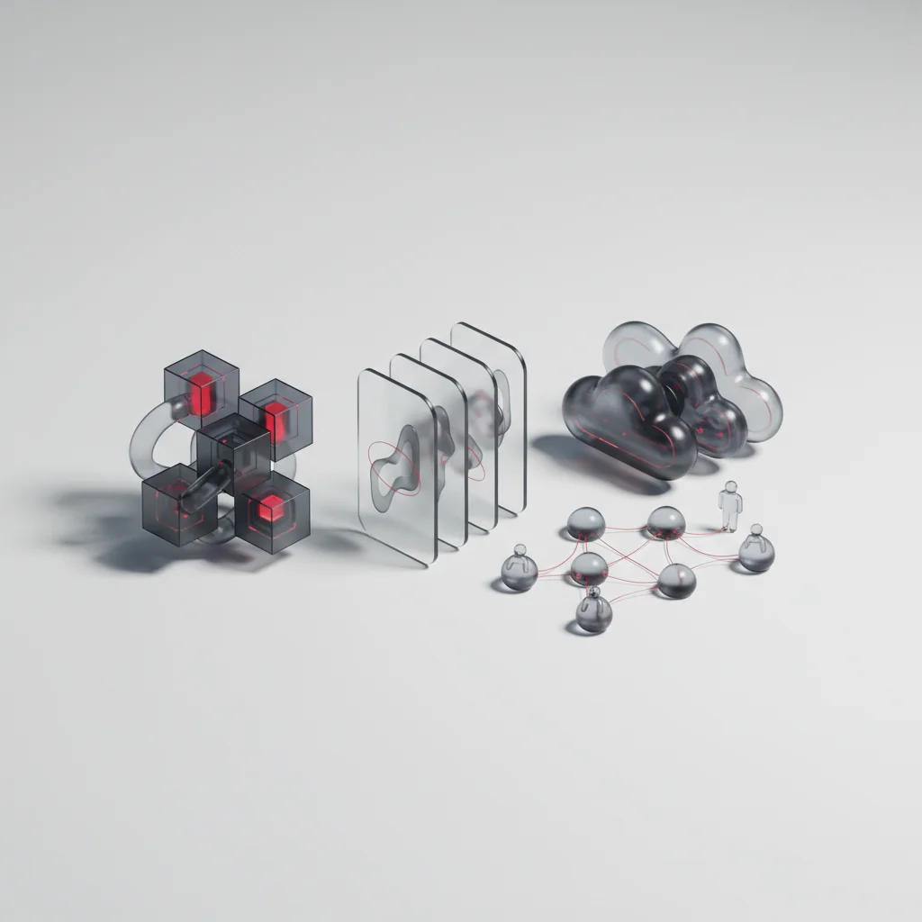Conceptual editorial artwork illustrating diverse technical domains in cybersecurity